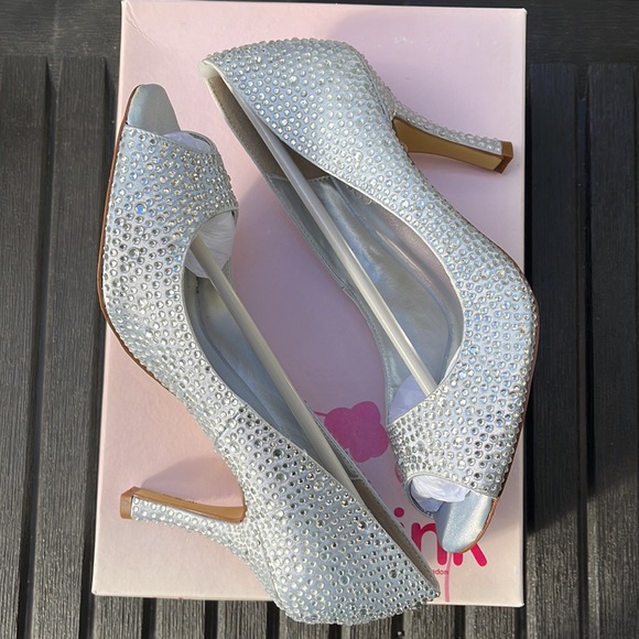 Pink Paradox London - Celebrate - Silver Satin & Rhinestone Peep Toe Heel Size 8 - Picture 9 of 16